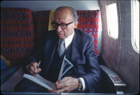 Menachem Begin, Israeli prime minister and Polish Jew, inscribing my book "Polish Jews: The Final Chapter" on his plane during a US visit.