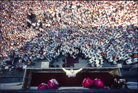 Pope John Paul II addressing crowd from a balcony in Czestochowa, Poland during his first historic trip back to his homeland since becoming Pope.