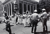 Olympia Brass Band street parade uptown.  Allan Jaffe (center) on tuba.