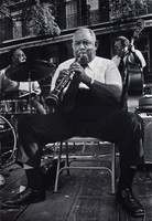 Louis Cottrell Jr. (clarinet b.1911) with band in Jackson Square.  Freddie Kohlman (drums), Placide Adams (bass).