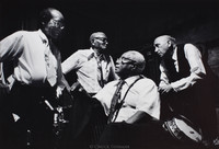 l - r: Paul Barnes, Kid Thomas, Emanuel Paul (sax b.1904), Emanuel Sayles during a break at Preservation Hall.