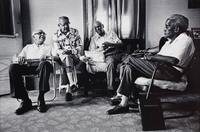 l - r: Peter Lacaze, August Lanoix, Louis Keppard and Eddie Marrero talking old times.  They hadn't seen each other in decades and most thought the others had died.