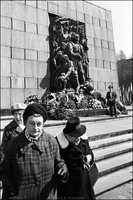 Women leaving at the conclusion of the 36th anniversary of the Warsaw Ghetto Uprising. Natan Cywiak standing by Rapoport sculpture in background. 1979 