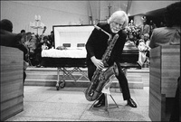 Gerry Mulligan at Thelonius Monk's funeral in St. Peter's Church, NYC. 
