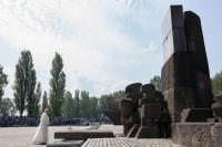 Pope Francis during silent prayer at the International Monument at Birkenau on the grounds of the Auschwitz-Birkenau State Museum.