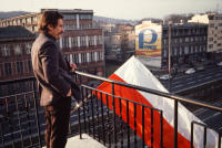 Lech Walesa
on balcony adjacent to his office at Solidarity headquarters, Gdansk, Poland. December 1980