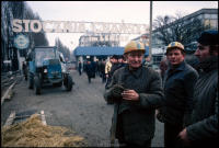 Shipyard workers at front gate of Lenin Shipyard, Gdansk, Poland, Dec 1980