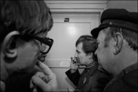 Lech Walesa conversing with Solidarity members outside his office at Solidarity headquarter, Gdansk, Poland Dec 1980
