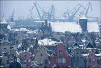 Old town and port skyline, Gdansk, Poland, January 1979