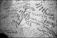 Memorial wall in Washington Square, 5 days after the attack and collapse of the Twin Towers, NY, NY Sept. 16, 2001