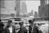 New York firemen at ground zero on the morning of the first ceremony at WTC / Ground Zero marking the official completion of separation of human remains from 1.8 million tons of debris and removal of both, NY, NY, May 30, 2002