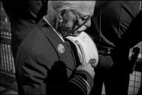 Stan Hirschkorn, asst. chief of the Association Auxiliary Volunteer Fire Dept, of Brooklyn, NY at the s econd anniversary of the attack at the World Trade Center at Ground Zero, NY, NY, Sept. 11, 2003